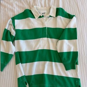 Aerie oversized polo sweatshirt, green and white striped, Size M